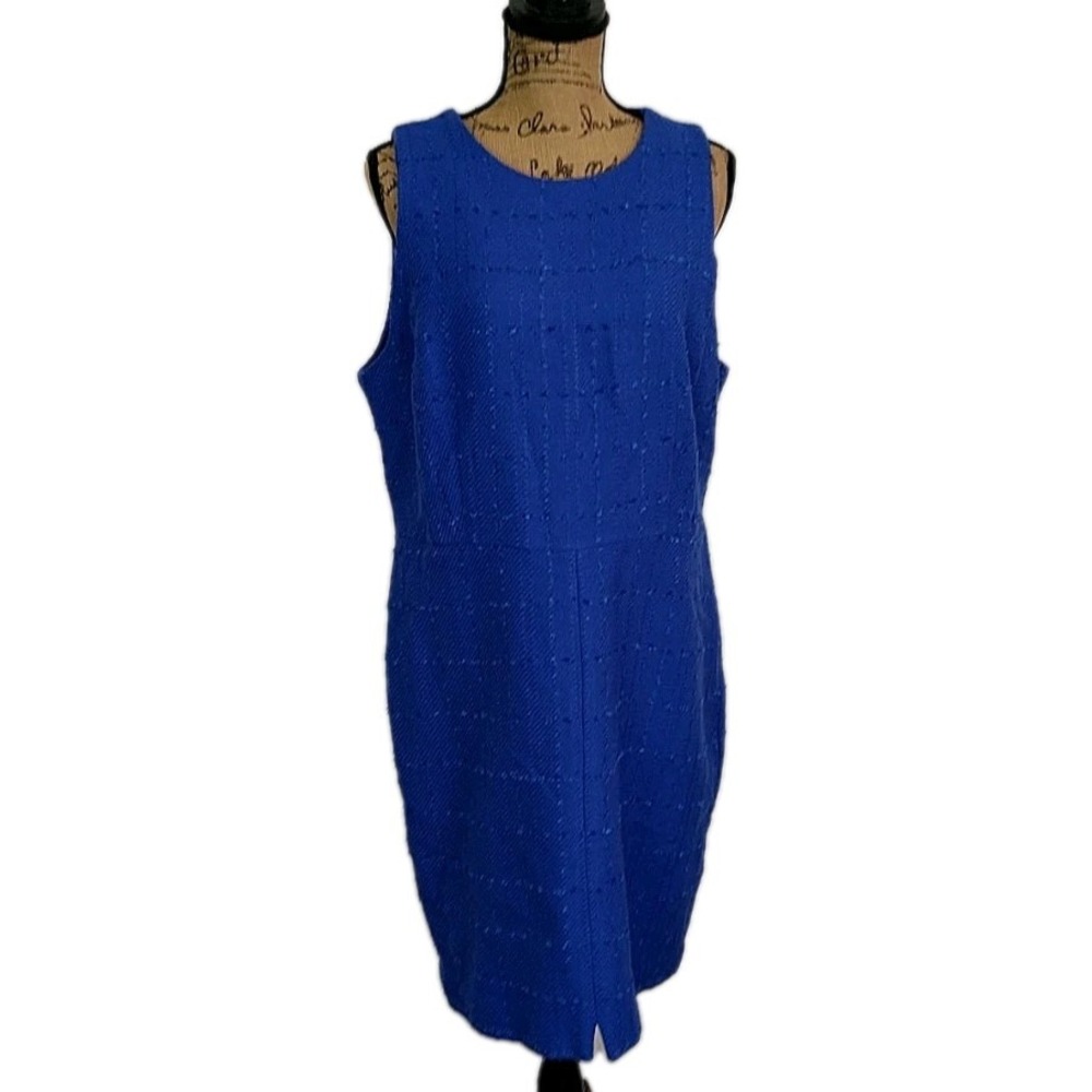 Ann Taylor Sheath Dress Womens 14 Blue Tweed Sleeveless Lined Textured Grid Knee